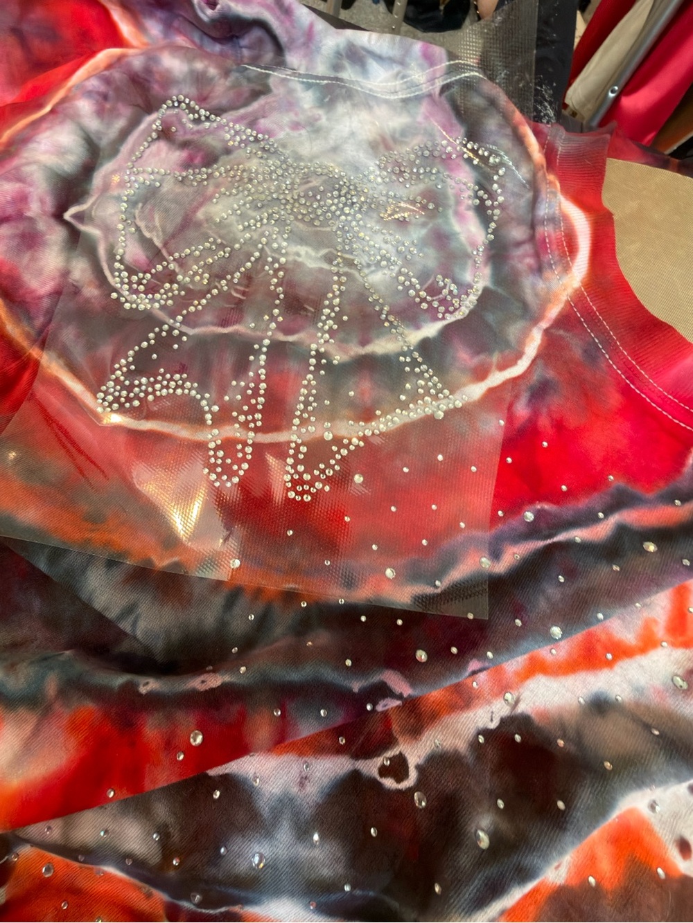 Vibrant Abstract Tie-Dye Tee with Crystal Accents (Bow) - 1 of a kind. ON SALE